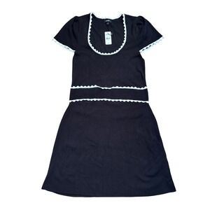 Express Womens Black Scalloped Trim Ribbed Knit Fit & Flare Dress Medium New